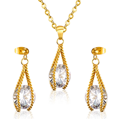 Tresoli Stainless Steel Gold Color PVD Simple With Oversized Diamond Pendant Jewelry Set