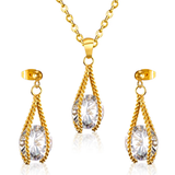 Tresoli Stainless Steel Gold Color PVD Simple With Oversized Diamond Pendant Jewelry Set
