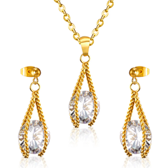 Tresoli Stainless Steel Gold Color PVD Simple With Oversized Diamond Pendant Jewelry Set