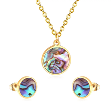 Load image into Gallery viewer, Tresoli Stainless Steel Gold Color PVD Round Wedding Shell Carbon Fiber Jewelry Set