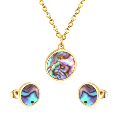 Tresoli Stainless Steel Gold Color PVD Round Wedding Shell Carbon Fiber Jewelry Set
