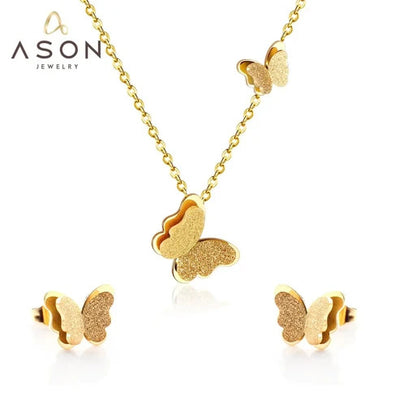 Stainless Steel Gold Color PVD Frosted Butterfly Pendant Necklace And Stud Earrings Set