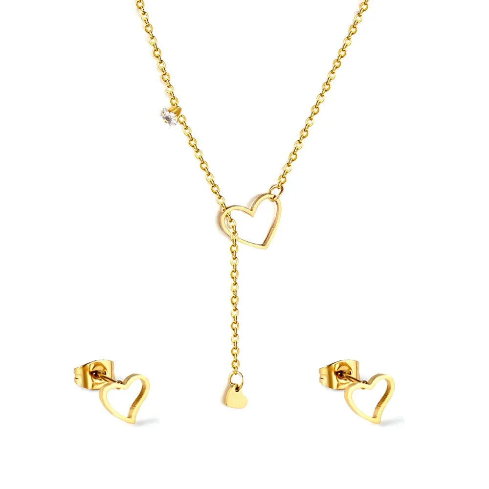 Stainless Steel Gold Color PVD Waterpoof Heart Cutout With Diamonds Jewelry Set