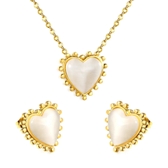 Tresoli Stainless Steel Gold Color PVD Loose Beads Edged Heart With White Stone Jewlery Set