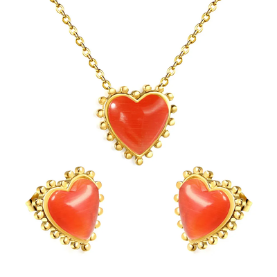 Tresoli Stainless Steel Gold Color PVD Loose Beads Edged Heart With Red Stone Jewlery Set
