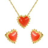 Tresoli Stainless Steel Gold Color PVD Loose Beads Edged Heart With Red Stone Jewlery Set