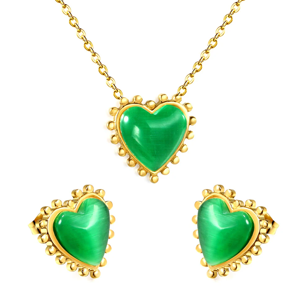 Tresoli Stainless Steel Gold Color PVD Loose Beads Edged Heart With Green Stone Jewlery Set