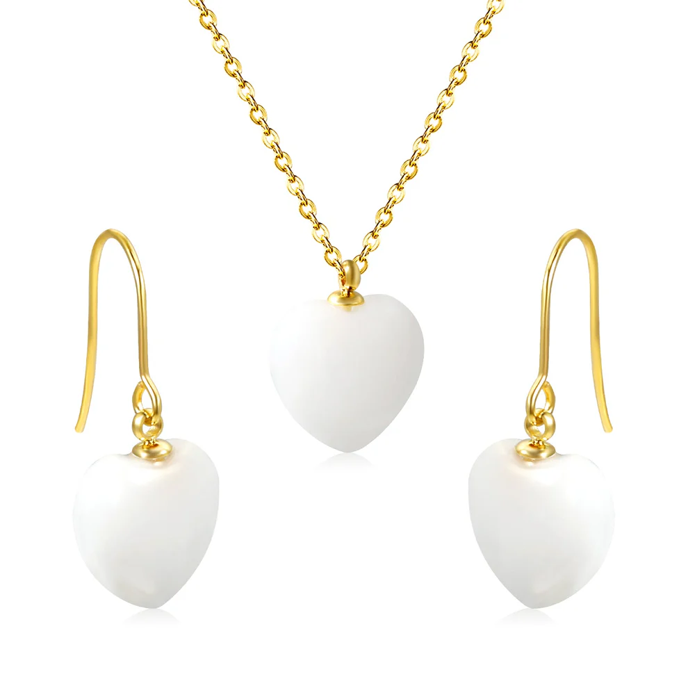 Tresoli Stainless Steel Gold Color PVD Heart White Natural Stone Set