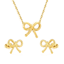 Load image into Gallery viewer, Tresoli Stainless Steel Gold Color PVD Bow With Cross Chain Earrings And Necklace Set