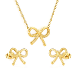 Tresoli Stainless Steel Gold Color PVD Bow With Cross Chain Earrings And Necklace Set
