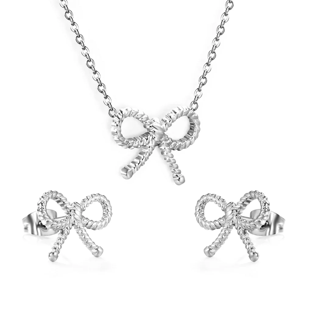 Stainless Steel Color PVD Bow With Cross Chain Earrings And Necklace Set