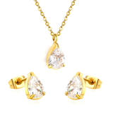 Tresoli Stainless Steel Gold Color PVD Teardrop Cubic Zirconia Cross Chain Jewelry Set