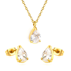 Tresoli Stainless Steel Gold Color PVD Teardrop Cubic Zirconia Cross Chain Jewelry Set