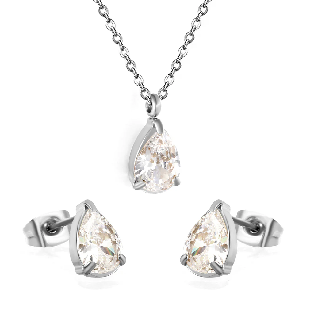 Tresoli Stainless Steel Color PVD Teardrop Cubic Zirconia Cross Chain Jewelry Set