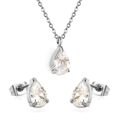Tresoli Stainless Steel Color PVD Teardrop Cubic Zirconia Cross Chain Jewelry Set