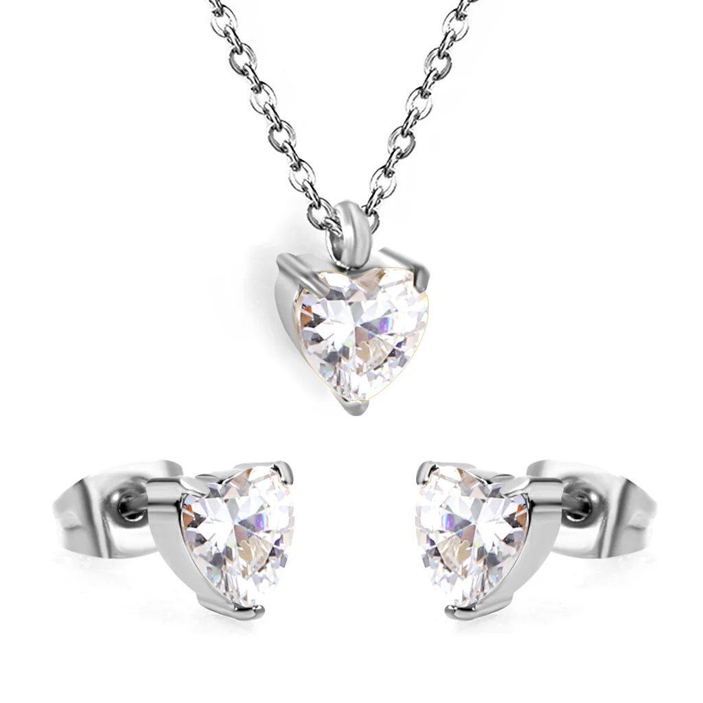 Tresoli Stainless Steel Steel Color PVD Heart Cubic Zirconia Cross Chain Jewelry Set