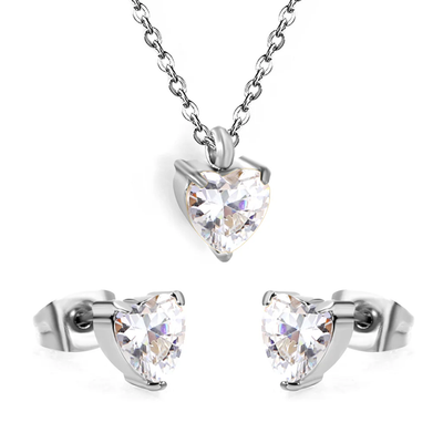 Tresoli Stainless Steel Steel Color PVD Heart Cubic Zirconia Cross Chain Jewelry Set