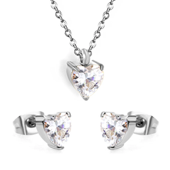 Tresoli Stainless Steel Steel Color PVD Heart Cubic Zirconia Cross Chain Jewelry Set