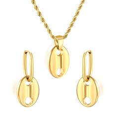 Tresoli Stainless Steel Gold Color PVD Pig Nose Oval Wire Ear Clips Earrings And Necklace Set
