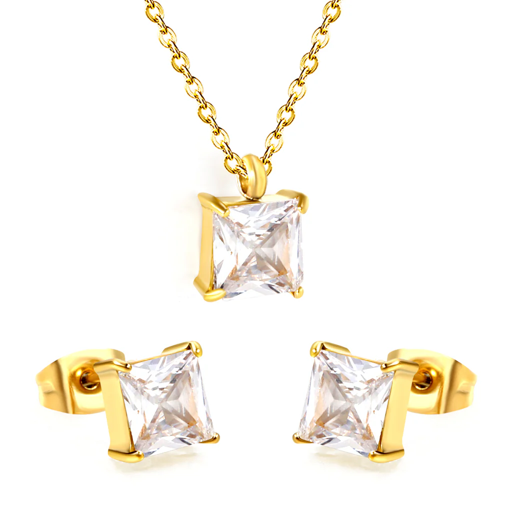 Tresoli Stainless Steel Gold Color PVD Square Cubic Zirconia Cross Chain Jewelry Set