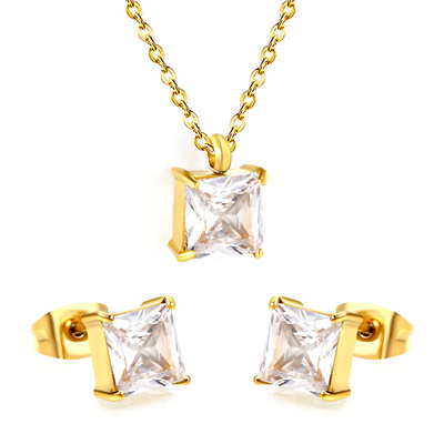 Tresoli Stainless Steel Gold Color PVD Square Cubic Zirconia Cross Chain Jewelry Set