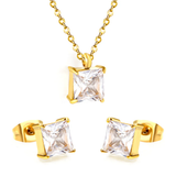 Tresoli Stainless Steel Gold Color PVD Square Cubic Zirconia Cross Chain Jewelry Set
