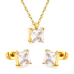 Tresoli Stainless Steel Gold Color PVD Square Cubic Zirconia Cross Chain Jewelry Set