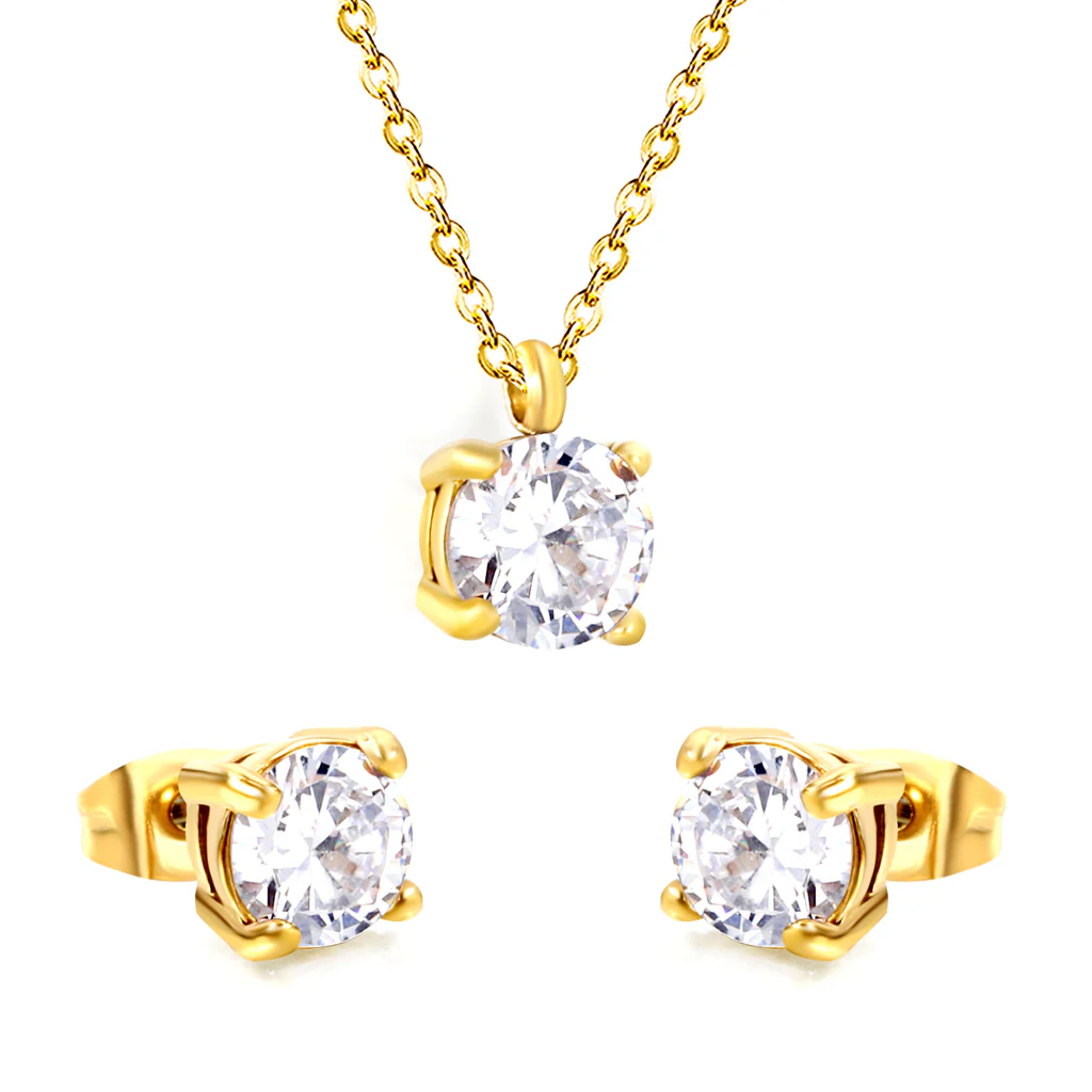 Tresoli Stainless Steel Gold Color PVD Round Cubic Zirconia Cross Chain Jewelry Set