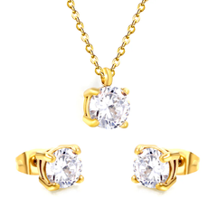Tresoli Stainless Steel Gold Color PVD Round Cubic Zirconia Cross Chain Jewelry Set