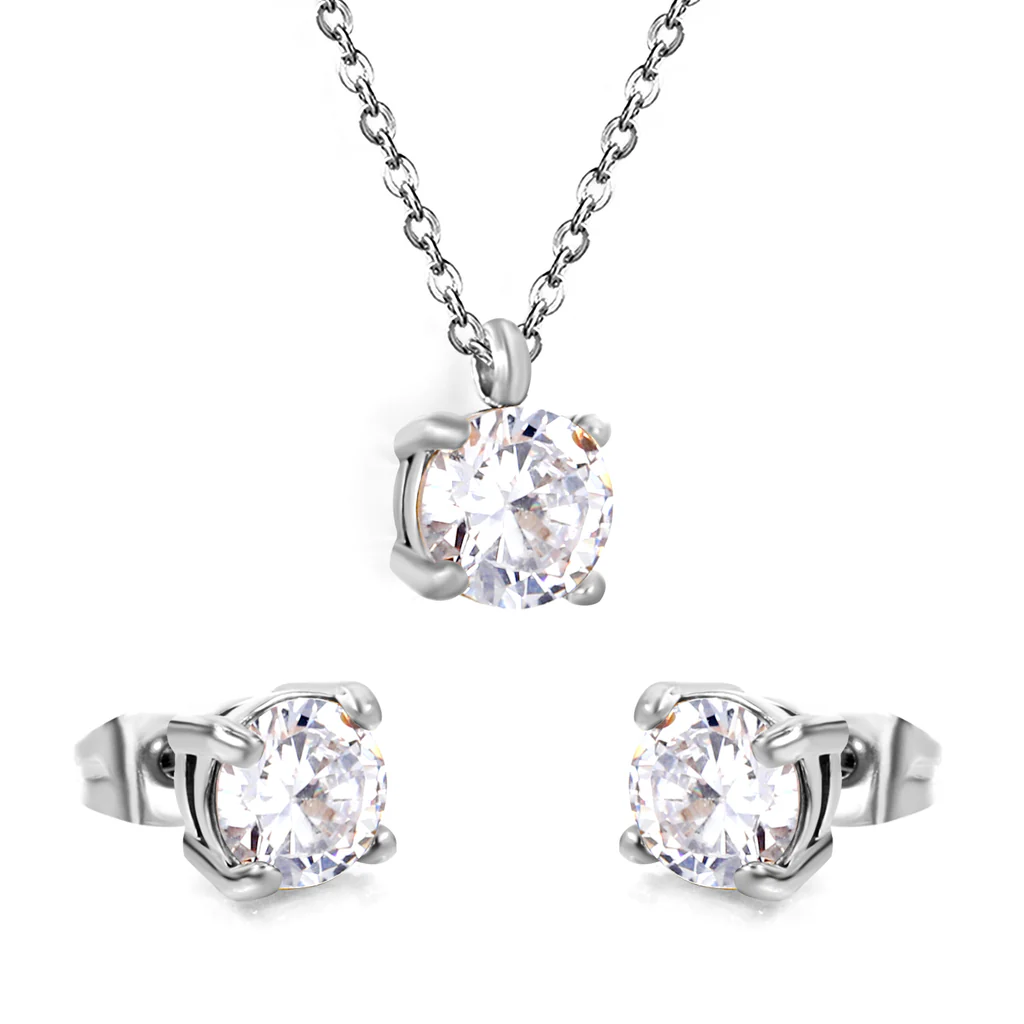 Tresoli Stainless Steel Steel Color PVD Round Cubic Zirconia Cross Chain Jewelry Set