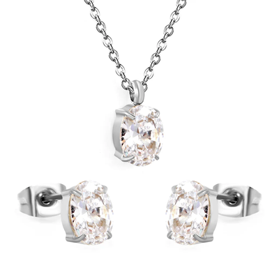 Tresoli Stainless Steel Color PVD Oval Cubic Zirconia Cross Chain Jewelry Set