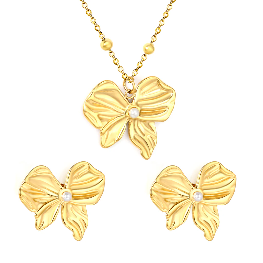 Stainless Steel Gold Color PVD Bow Pearl Jewelry Set