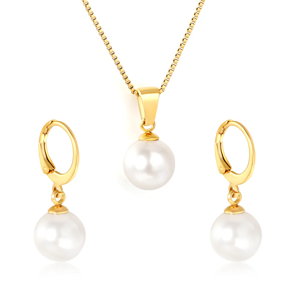 Tresoli Stainless Steel Gold Color PVD Round Pearl Box Chain Jewelry Set