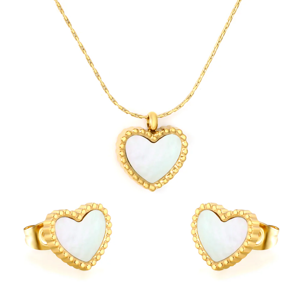Tresoli Stainless Steel Gold Color PVD Heart Shaped White Shell Cross Hammer Chain Jewelry Set
