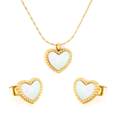 Tresoli Stainless Steel Gold Color PVD Heart Shaped White Shell Cross Hammer Chain Jewelry Set