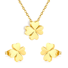 Load image into Gallery viewer, Tresoli Stainless Steel Gold Color PVD Four Leaf Clover With Cross Chain Earrings And Necklace Set