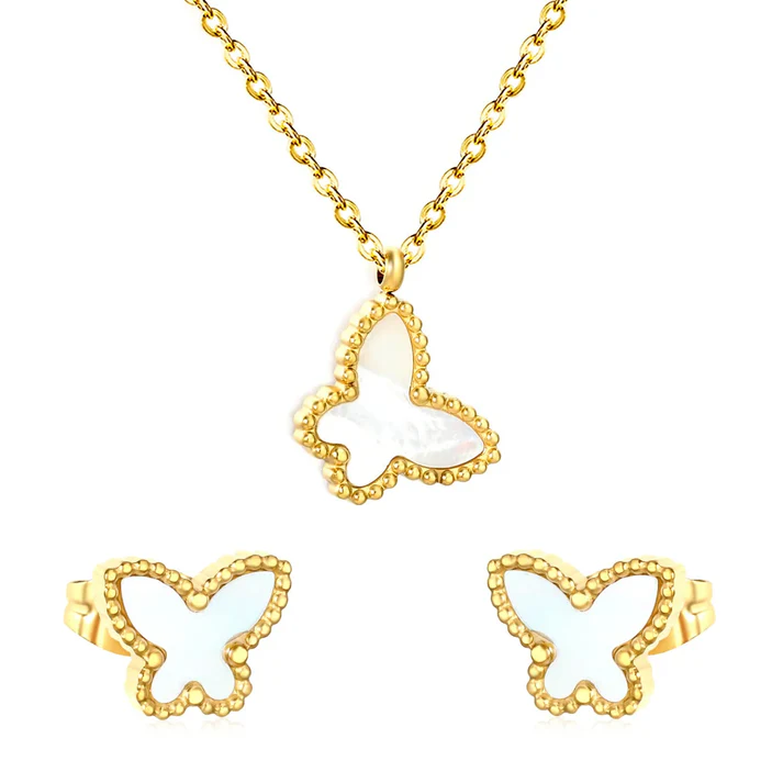 Stainless Steel Gold Color PVD White Acrylic Butterfly Shape Cross Chain Earrings And Necklace