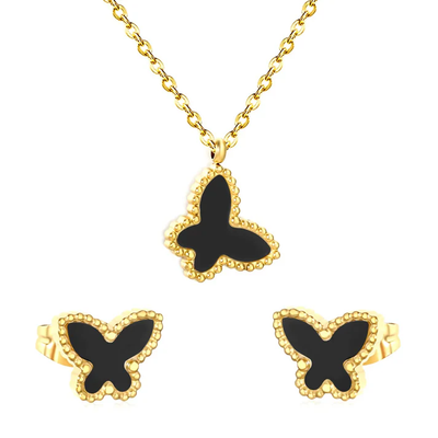 Tresoli Stainless Steel Gold Color PVD Black Acrylic Butterfly Shape Cross Chain Earrings And Necklace