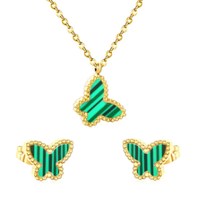 Load image into Gallery viewer, Tresoli Stainless Steel Gold Color PVD Green Acrylic Butterfly Shape Cross Chain Earrings And Necklace
