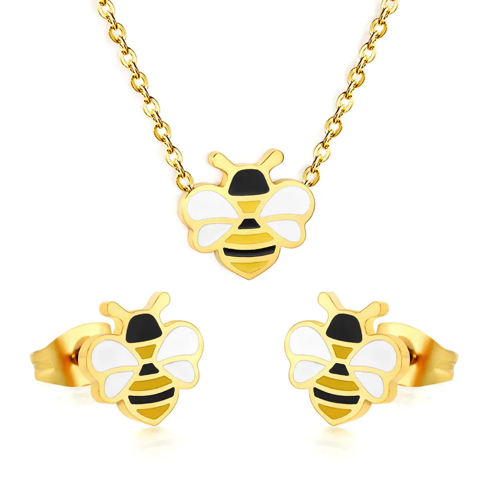 Stainless Steel Gold Color PVD Bee Jewelry Set With Cross Chain