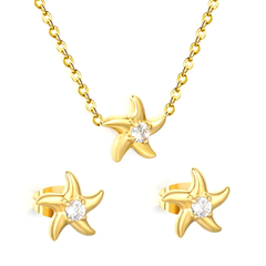 Tresoli Stainless Steel Gold Color PVD Starfish Inlaid Stone Jewelry Set With Cross Chain