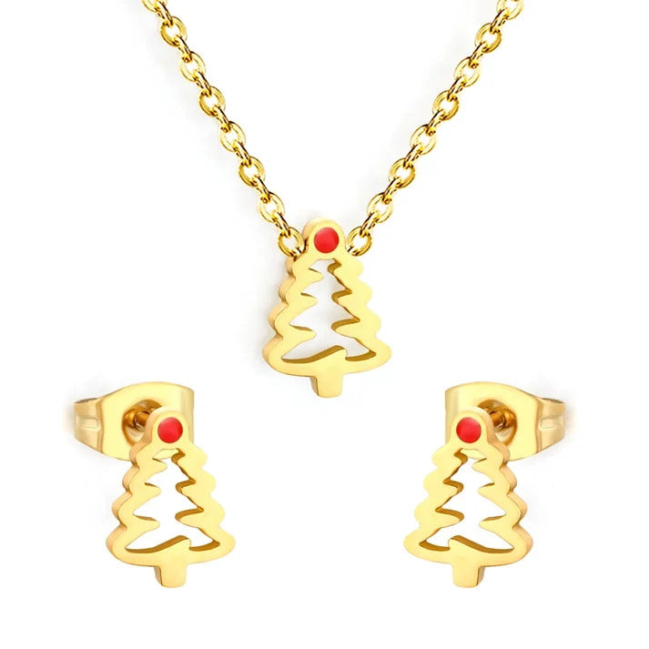 Stainless Steel Gold Color PVD Red Enamel Christmas Tree Jewelry Set