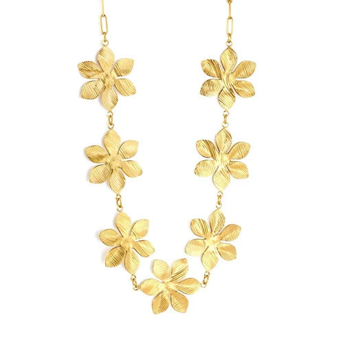 Stainless Steel Gold Color PVD Six Petal Flowers Charms Paperclip Chain Necklace