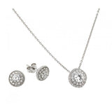Sterling Silver Rhodium Plated Round CZ Stud Earring and Necklace Set