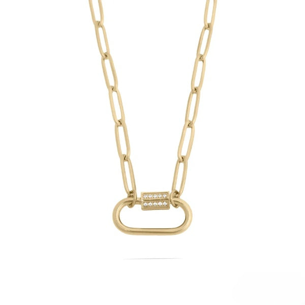 Tresoli Stainless Steel Gold Color PVD CZ Stone Carabiner Necklace
