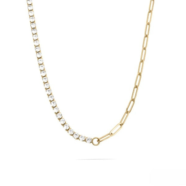 Tresoli Stainless Steel Gold Color PVD CZ And Paperclip Tennis Chain Split Necklace