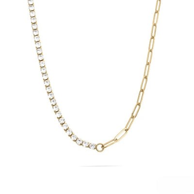 Tresoli Stainless Steel Gold Color PVD CZ And Paperclip Tennis Chain Split Necklace