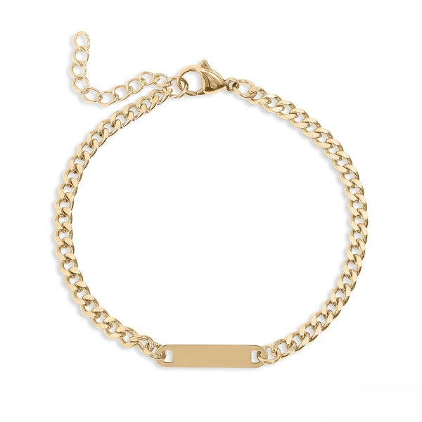 Stainless Steel Gold Color PVD Engravable Curb Chain Bar Bracelet