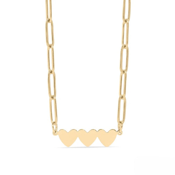 Stainless Steel Gold Color PVD Engravable 3 Heart Paperclip Necklace