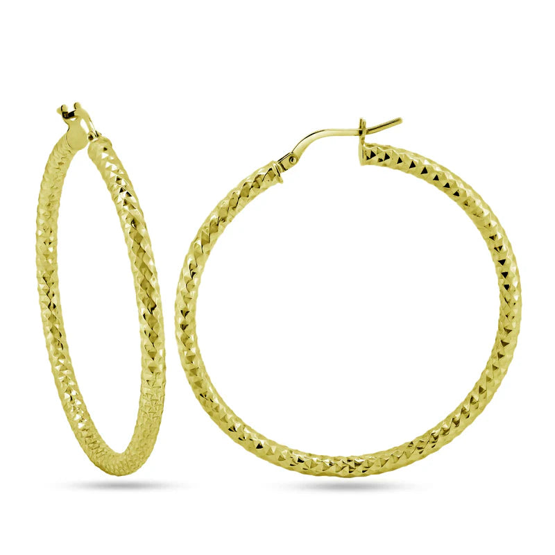 Sterling Silver Gold Plated Silver 3mm Diamond Cut Textured Hoop Earrings